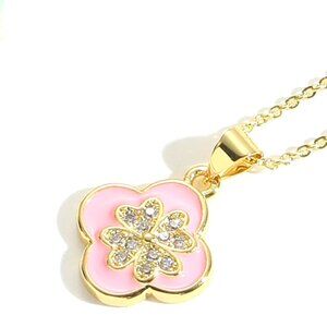 18K GOLD PLATED PINK ENAMEL WITH 4 CZ HEART CLOVER INLAY SINGLE PENDANT NECKLACE